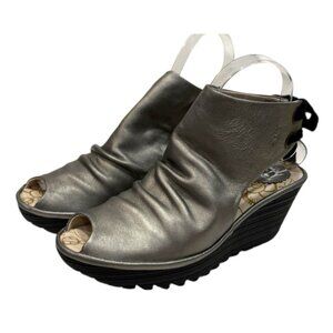 Fly London Yame Platform Peep Toe Lace-Up Wedge Sandals Lead Silver US 9-9.5 US